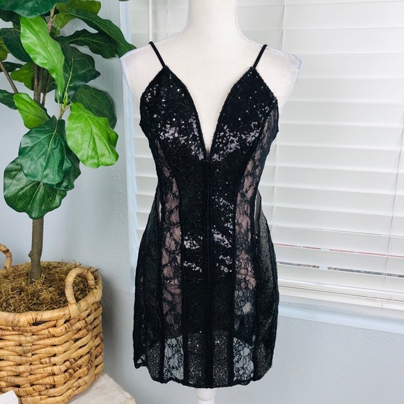 NWOT ANGL COCKTAIL SEQUINS LACE MINI BLACK DRESS - Picture 1 of 7